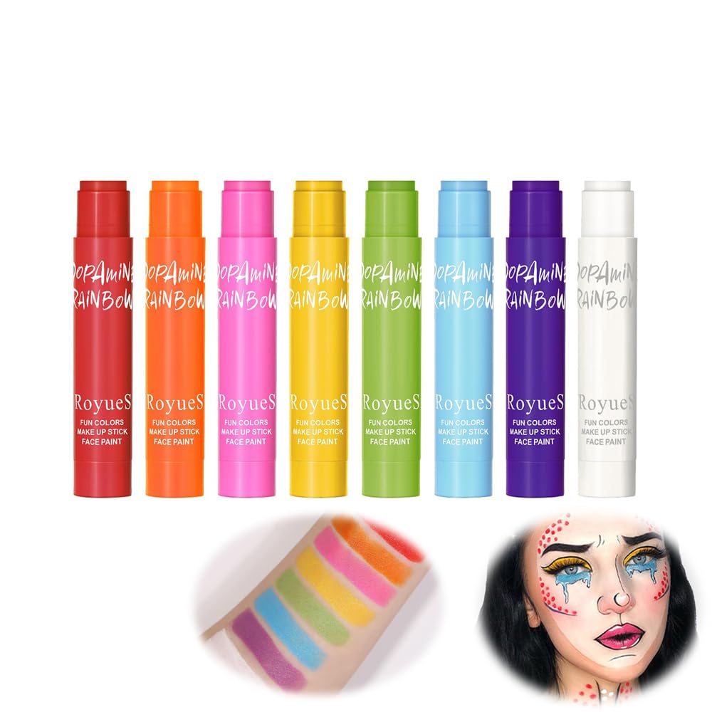 Azonee Body Face Paint Makeup Stick Set, 8 Color Highly Pigmented Rainbow Eye Paint Sticks, Long-Lasting Waterproof Sweat-Proof, Great for Sports, Shows