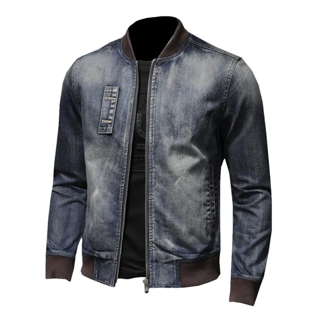 Męska naszywka vintage sprana niebieska kurtka baseballowa denim płaszcz kurtka dżinsowa