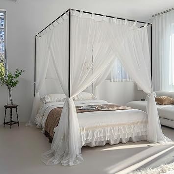 Elegant Princess 4 Corner Post Mosquito Net Romantic for Girls Teen Women Bed Curtain Canopy for Adult Bedroom Kids Rooms Decoration Queen, White