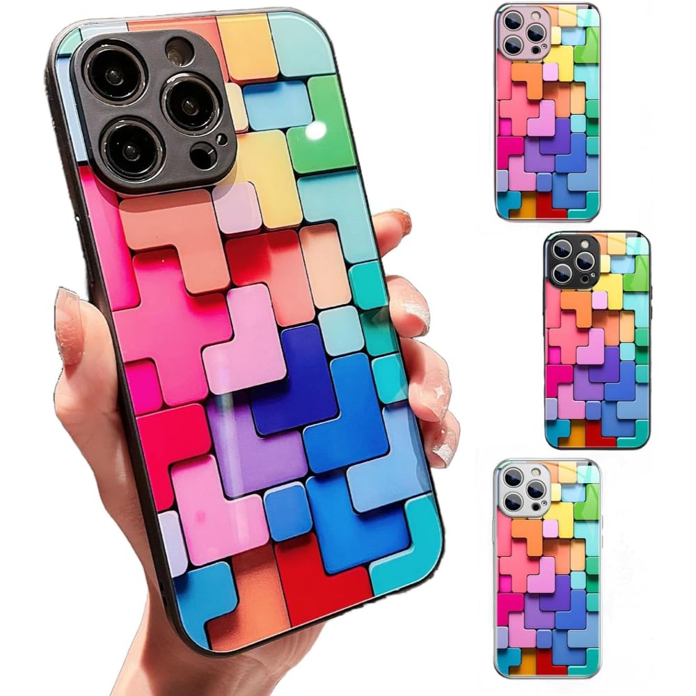 AMERTEER iPhone 15 Pro Max Case – Colorful 3D Square Pattern Glass Phone Case, Stylish & Durable Protective Shell, Lightweight Design, Anti-Scratch & Impact-Resistant for Everyday Use