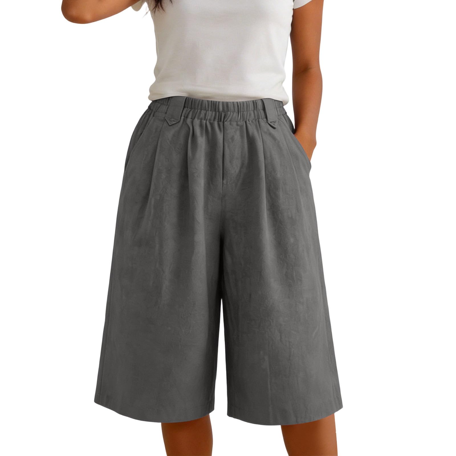 Generisch Damen Leinenhose Kurze 5/4 Hose Sommer Locker Fit Bermudas Große Größen Freizeithose mit Gummizug Weites Bein Stoffhose mit Taschen für Strand Urlaub