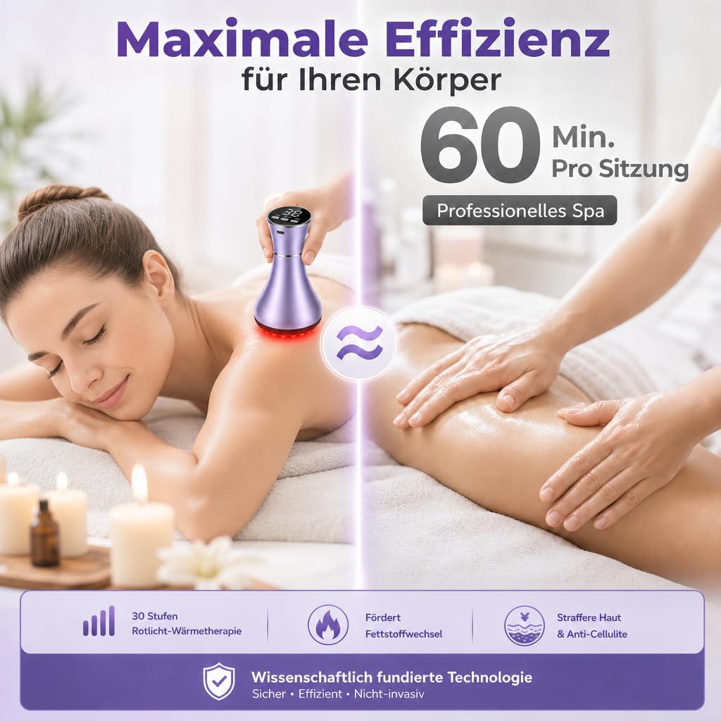4-in-1 Lymphatic Massagegerät & Anti Cellulite Massagegerät Elektrisch mit 30 EMS-Stufen, Rotlicht, Wärme & Vibration, Handgehaltenes Cellulite Gerät für Bauch, Taille, Rücken, Arme & Beine