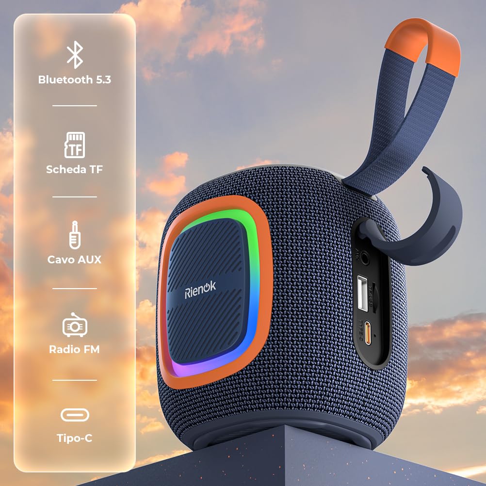RIENOK Cassa Bluetooth Potente Portatile Impermeabile Speaker Bluetooth 5.3, Radio FM/USB/AUX/Micro SD, Vero Stereo Senza Fili, Luce LED, Ricaricabile Tipo-C, Blu Navy