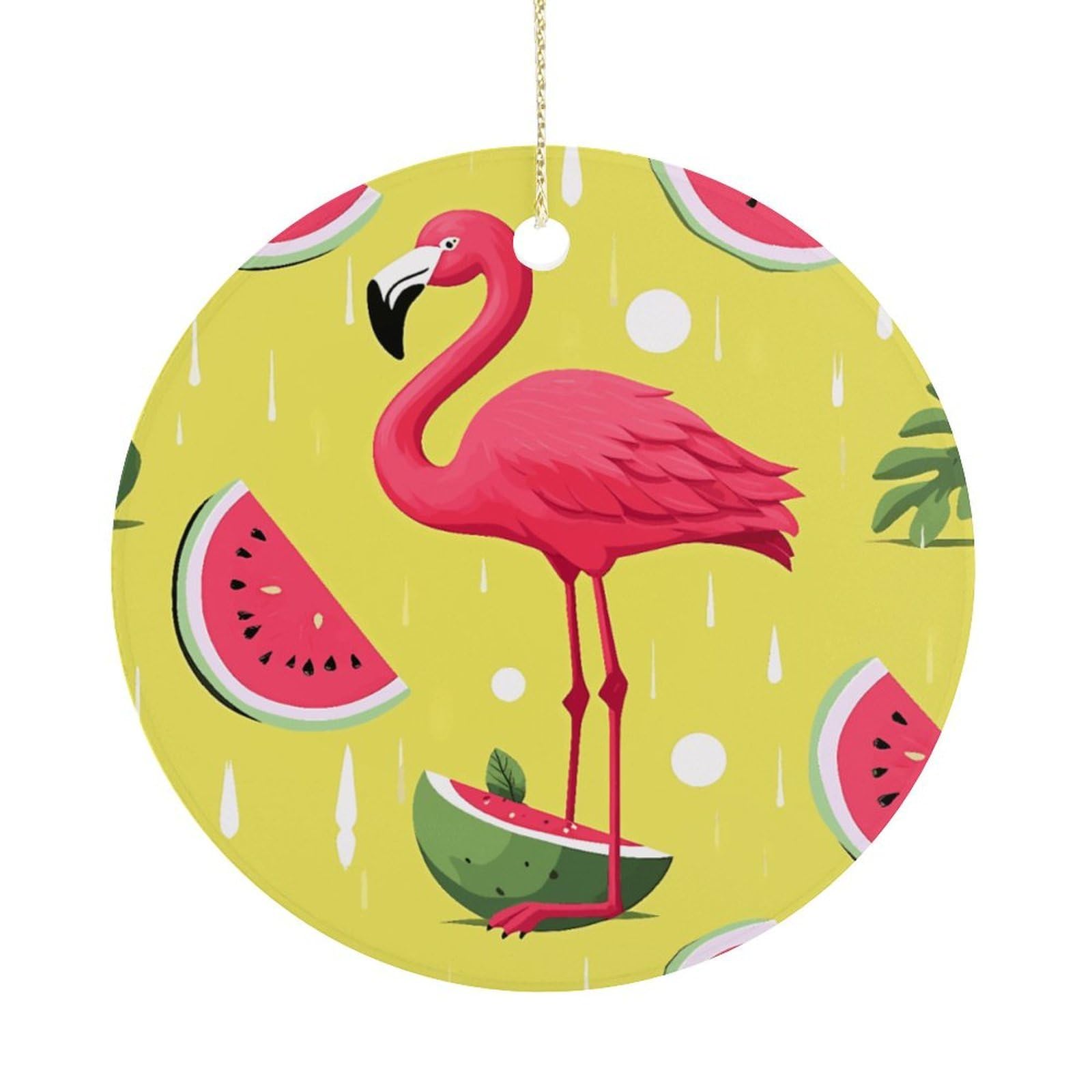 Pink Flamingo and Watermelon Christmas Ornament,Round Ceramic Ornaments Personalized Christmas Tree Ornament for Holiday Porcelain Keepsake Gifts Ideas Home Decor