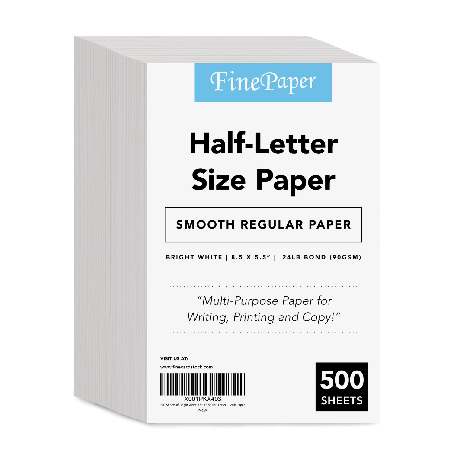 500 Sheets of Bright White 8.5" x 5.5" Half letter Size, Regular 24lb. Paper