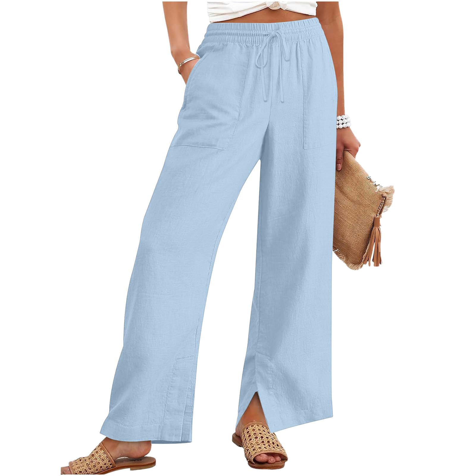 Linen Pants Women 2026 Trendy Wide Leg Drawstring Elastic Waist Palazzo Trousers Summer Casual Beach Vacation Clothes