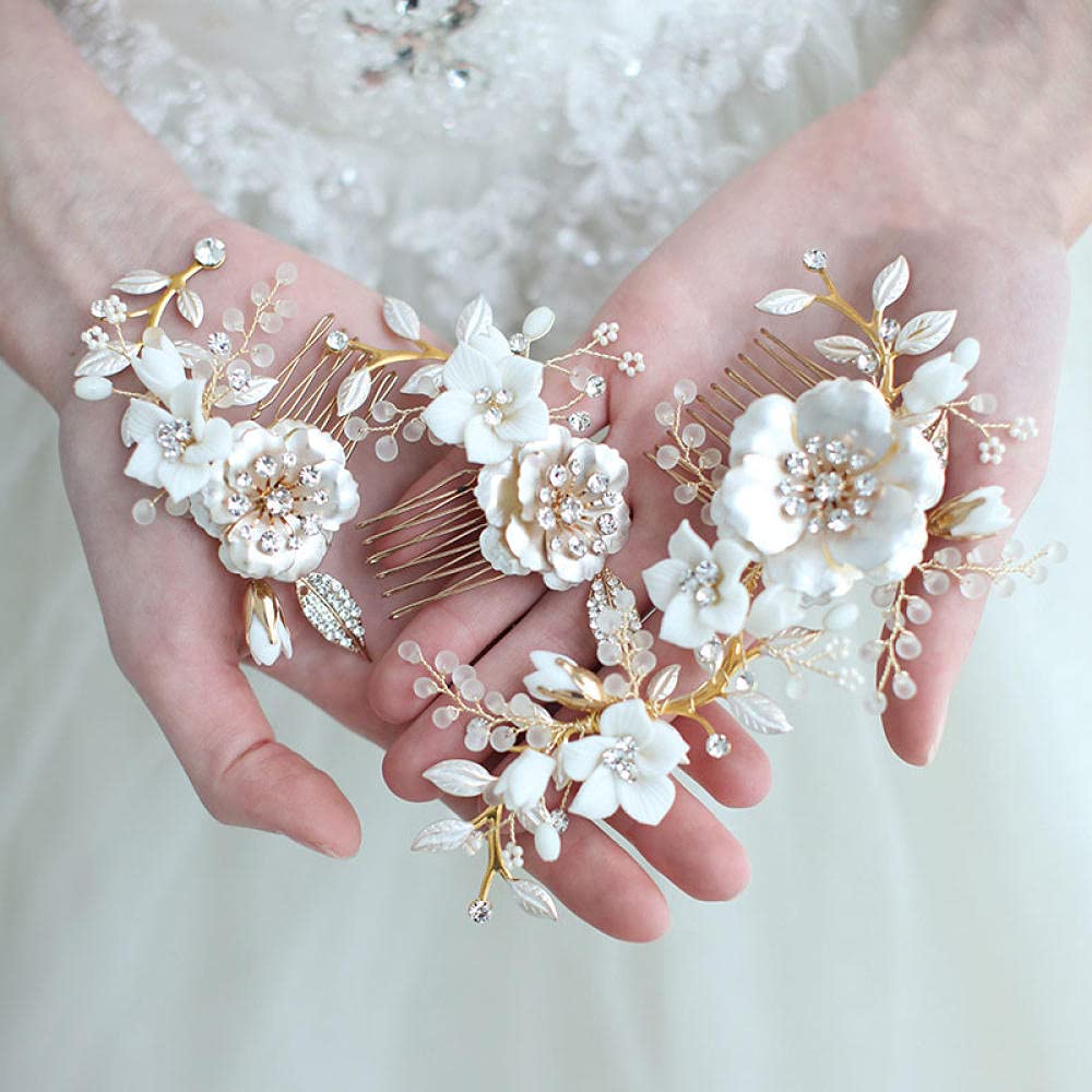 Grzebień do włosów dla nowożeńców, ceramiczny grzebień do włosów dla panny młodej 3-częściowy zestaw, sukienka z ozdobami do włosów Rhinestone, grzebienie balowe dla kobiet i dziewcząt
