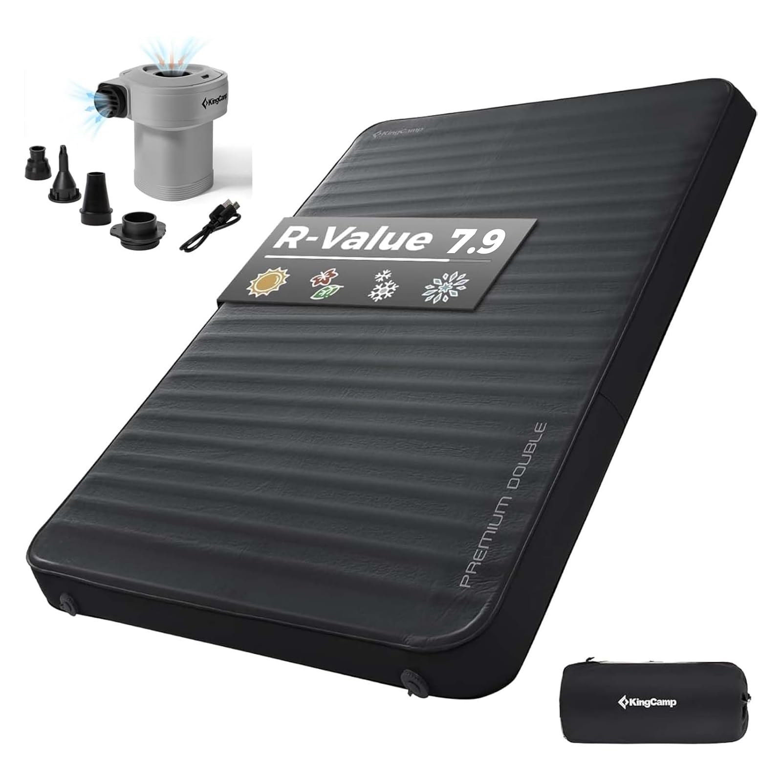 kingcamp self inflating sleeping pad for camping, 7.5 r-value double camping mattress, portable 4 season memory foam camping mat with pump & pvc-free fabric for comfort travel car tent cot, black