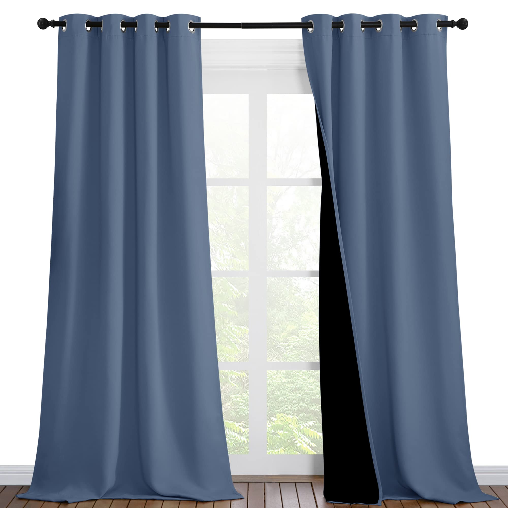 NICETOWN Insulated 100% Blackout Curtains, Noise Reducing Performance Drapes with Black Lining, Full Light Blocking Draperies for Overnight Shift Worker (Stone Blue, 1 Pair, 46 inches x 90 inches)