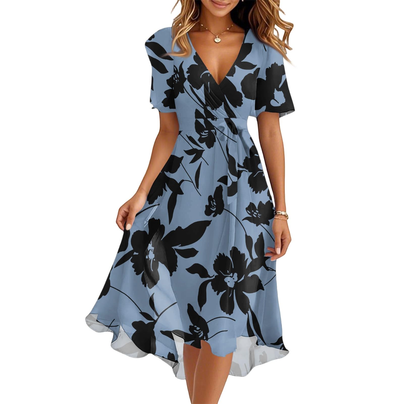 Summer Chiffon Dresses for Women 2025 Short Sleeve V Neck Midi Trendy Flowy Swing Tie Elastic Waist A Line Dress