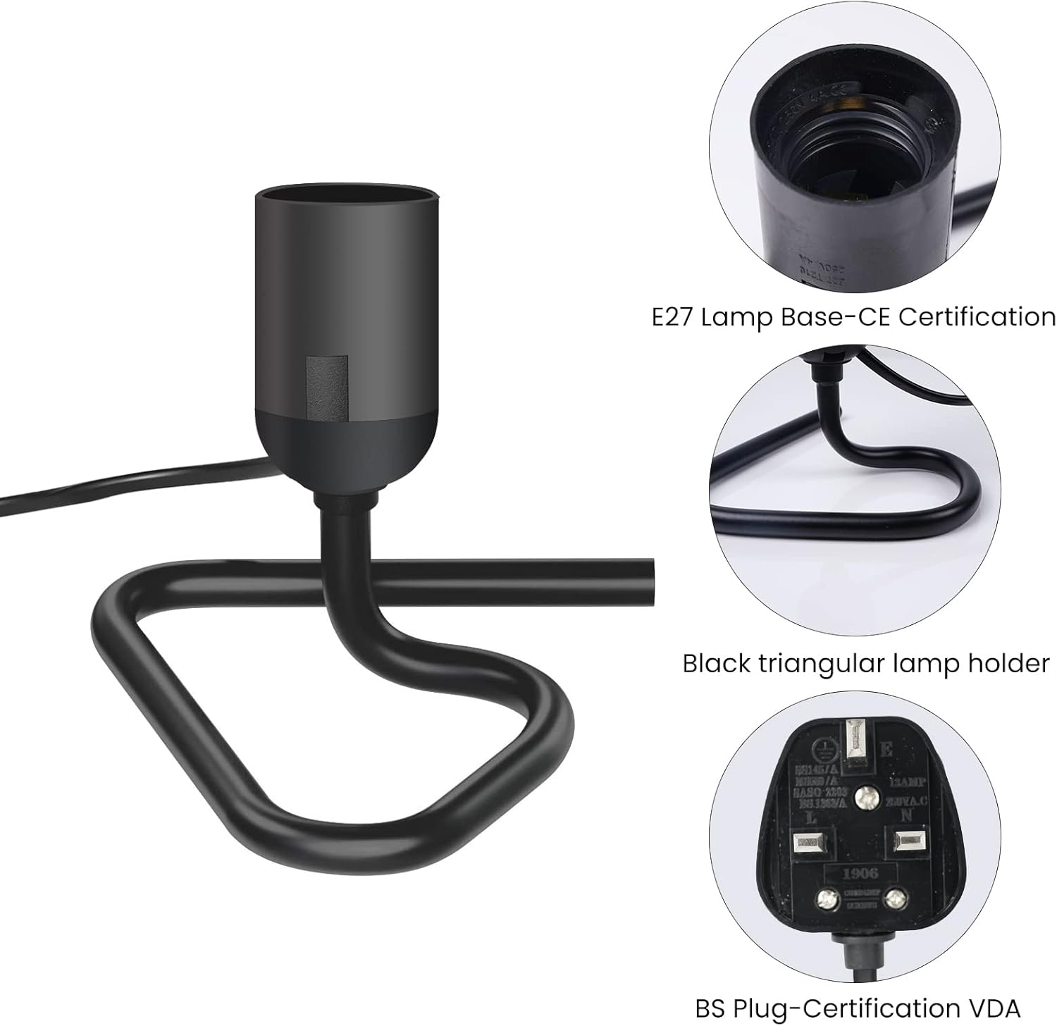 Bonlux E27 Table Lamp Bulb Holder, Black Trianglar Lamp Holder with ON