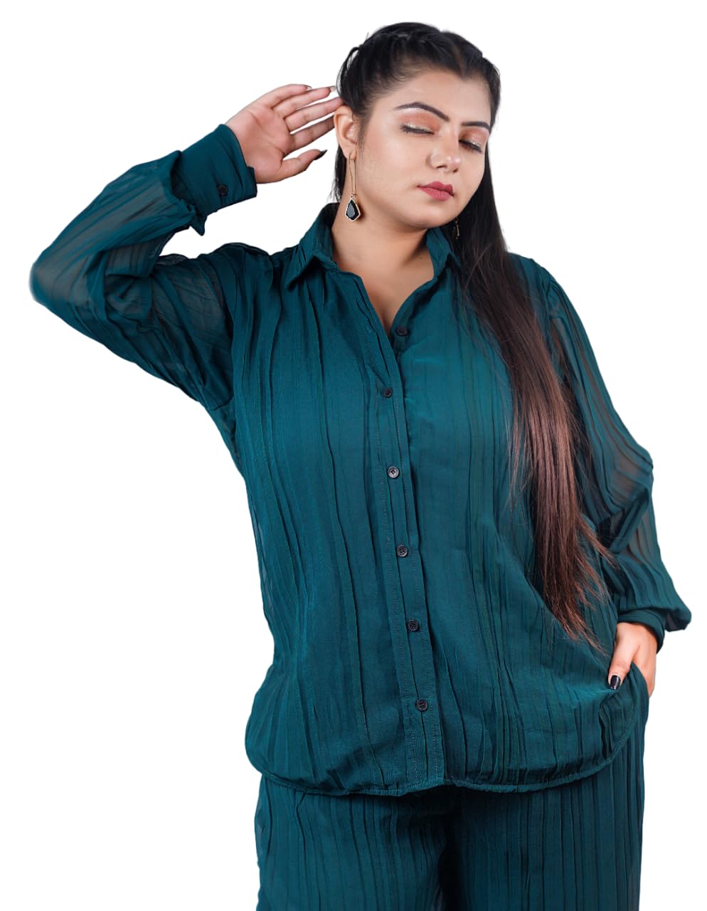 MynxWomen's Co-ord Set | Georgette Fabric | Crop Shirt & Elasticated Waist Pant Set | Pleated Pattern