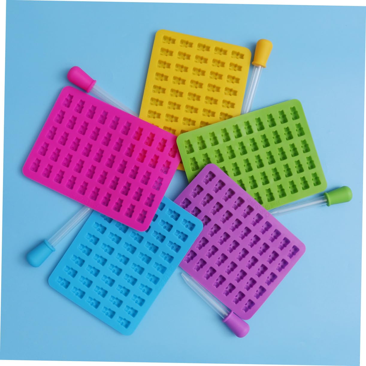 Cabilock 5ensembles Moules à Bonbons Silicone Forme Ours avec Compte-gouttes Bleu Ciel Vert Rose Jaune