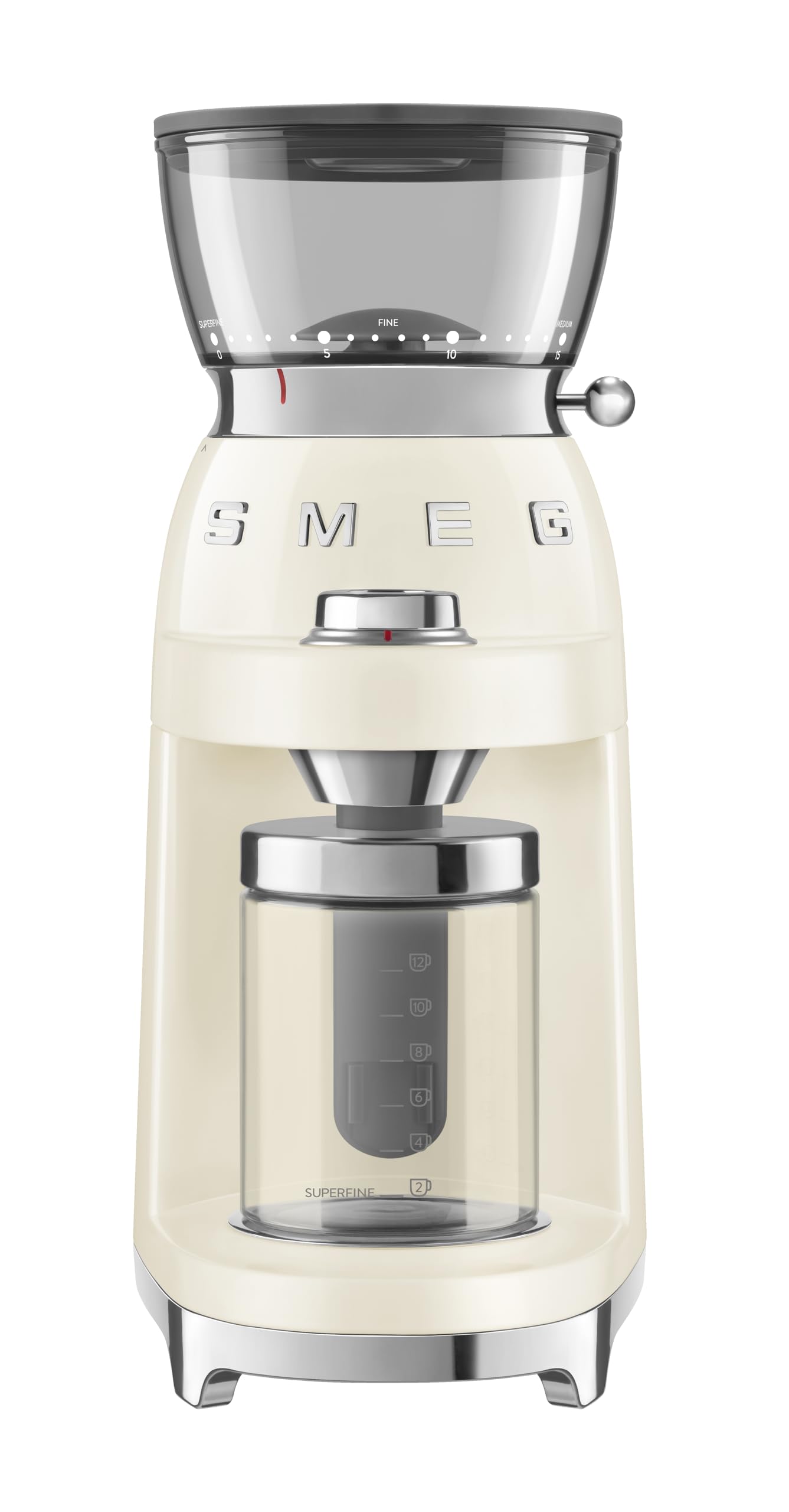Smeg CGF03CRUK 50's Style Electric Coffee Grinder, Features a Conical Burr, 30 Bean Grinding Levels, Cream