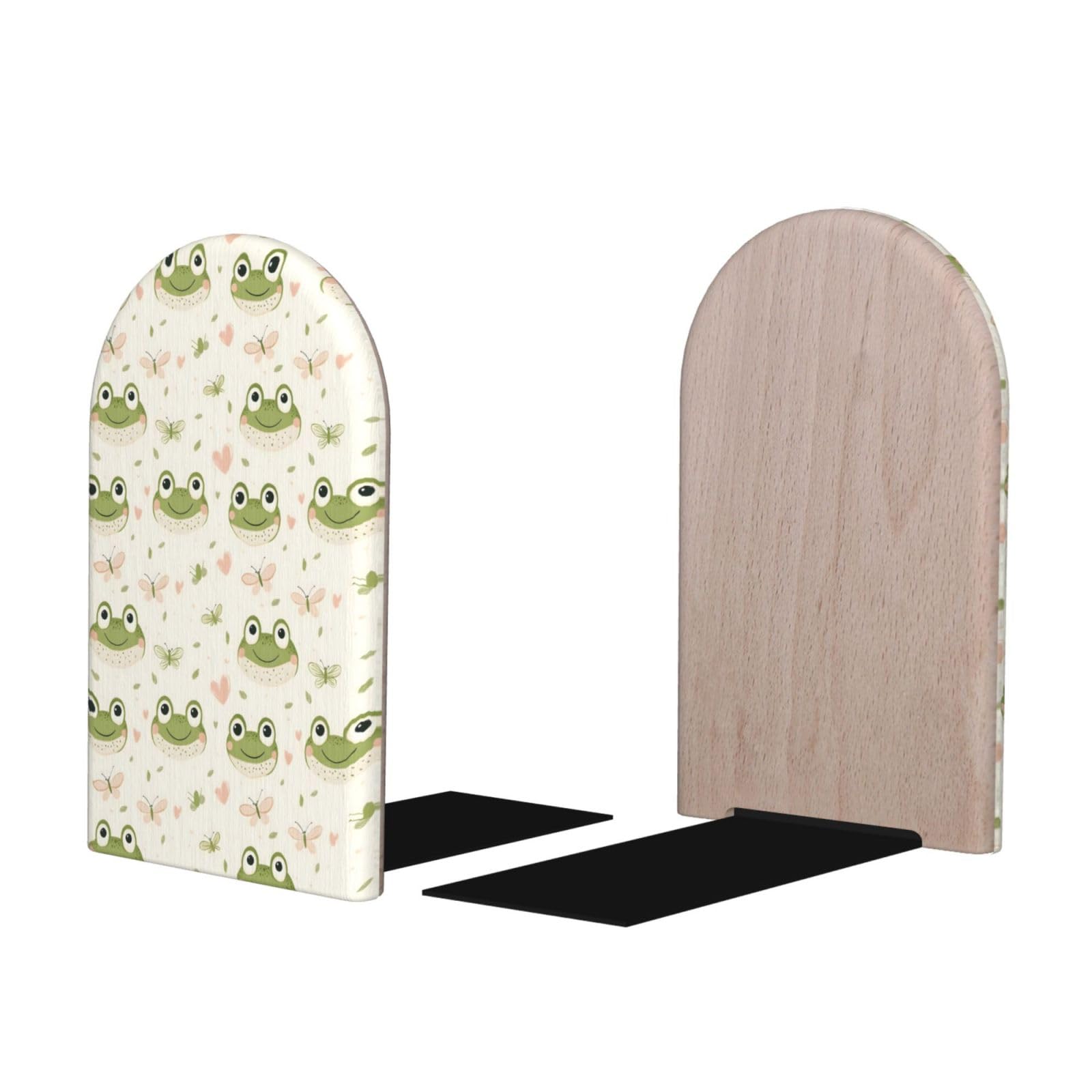 Frog Cute Green Print BookEnds 1 Pair, Decorative Bookends for Heavy Books, Wood Book Ends for Shelves, Book Organizer for Home Desk Office Supplies