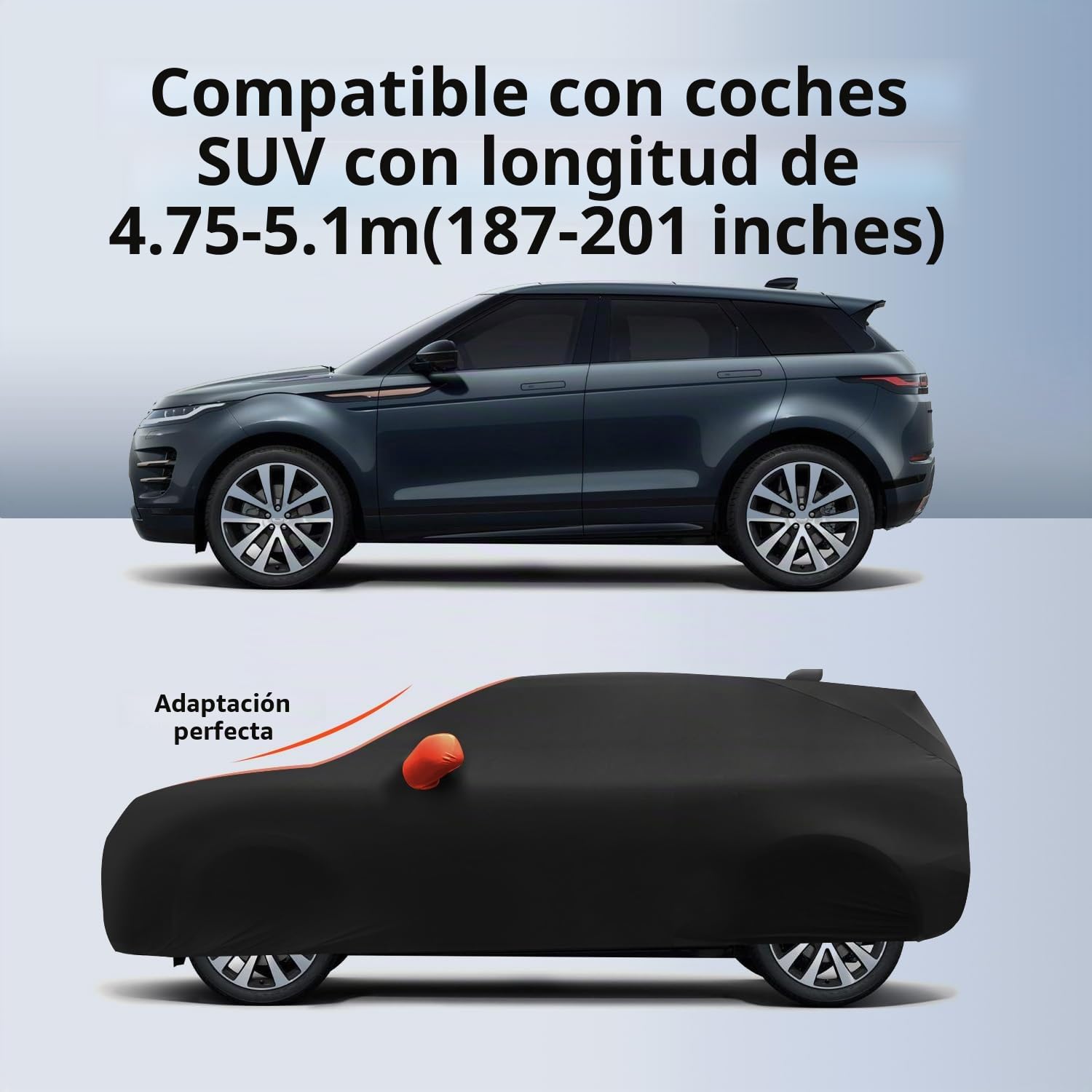 TECTICO Funda Coche Interior Completa SUV 4,75-5,1m Elástica Transpirable Stretch y Suave Antipolvo Protectora Universal, Ideal para Garaje, Subterráneo y Exhibición, Negro+Naranja