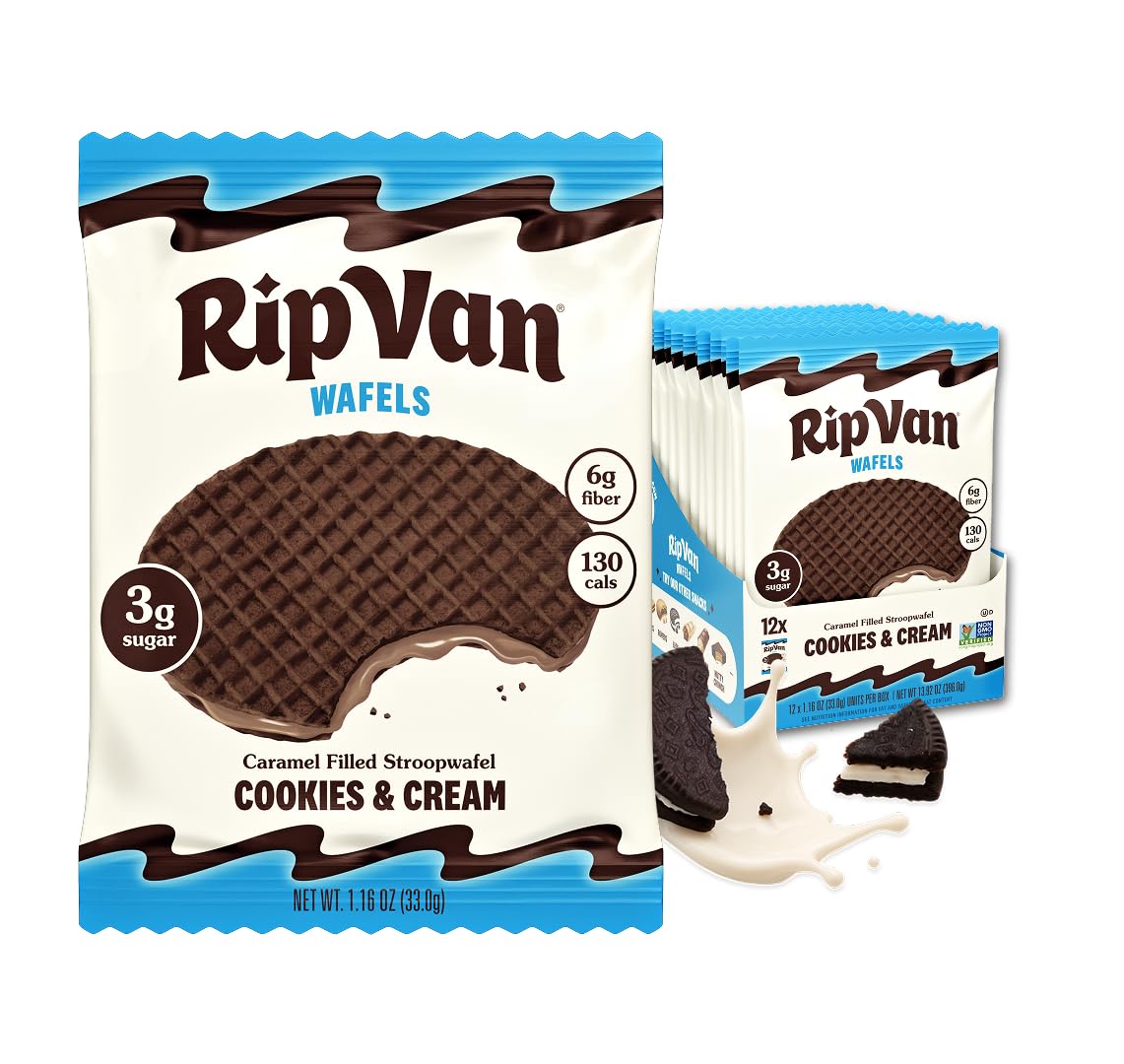 Rip Van Wafels Cookies & Cream Stroopwafels - Healthy Snacks - Non GMO Snack - Keto Friendly - Office Snacks - Low Sugar (3g) - Low Calorie Snack - 12 Count - breakfast | Mubboo