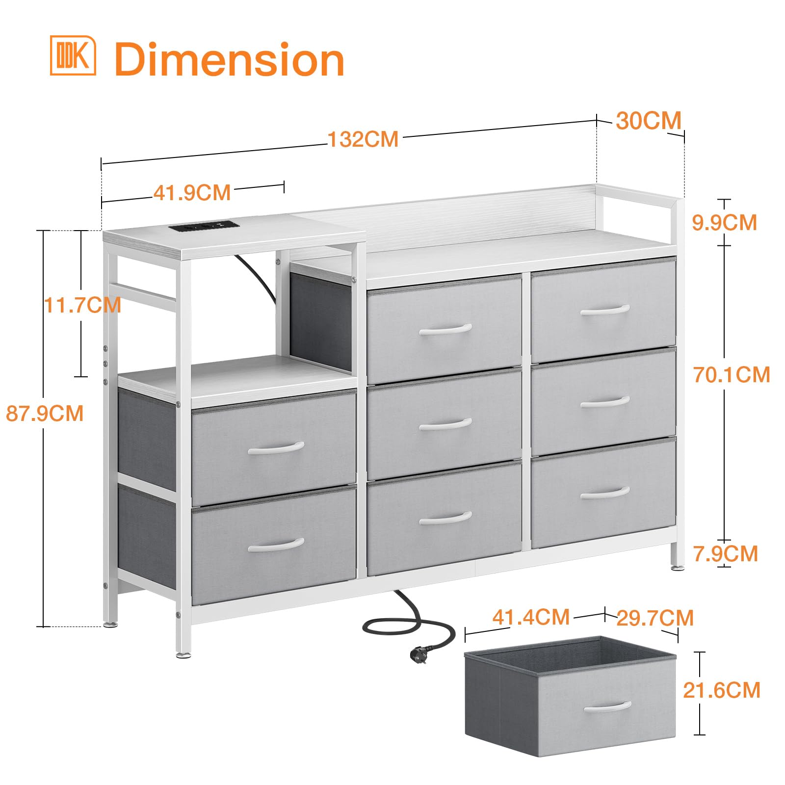 ODK Comoda Dormitorio, 2 Puertos USB y 2 AC, Cajonera Multifuncional para Dormitorio y Salón - Aparador Estable y Duradero, 132 x 30 x 88 cm, Blanco