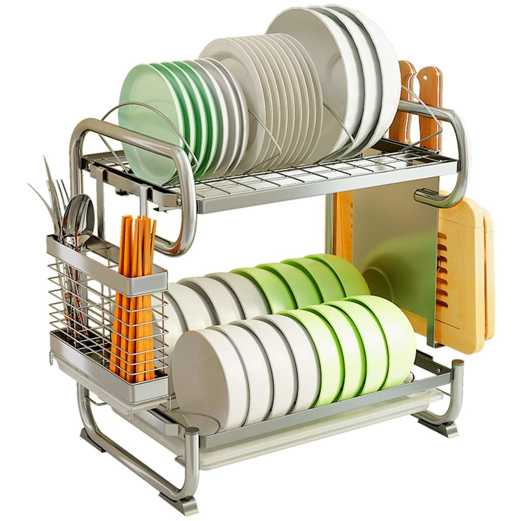 Küchenabtropfgestell Wäscheständer | Multifunktions 2-Tier rostfrei Edelstahl Abtropfgestell Besteckhalter Organisation Regal mit Abtropfschale, Silber