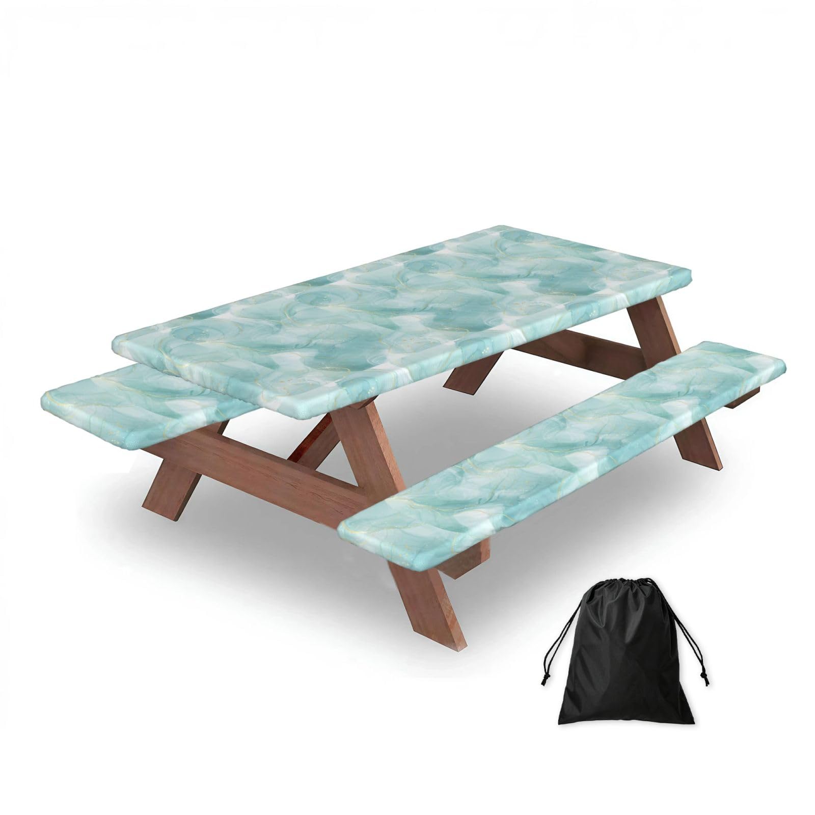 Dopklna As Picture Pastel Mint Green Marble, Picnic Table Cover With Bench Covers -Waterproof Elastic Fitted Tablecloth For Garden Camping Patio 76X152cm