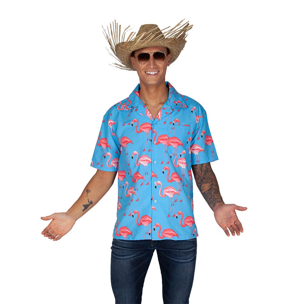 Wicked Costumes Mens Hawaiian Shirt Fancy Dress Costume – Blue Pink Flamingo Tropical Party Outfit - Medium