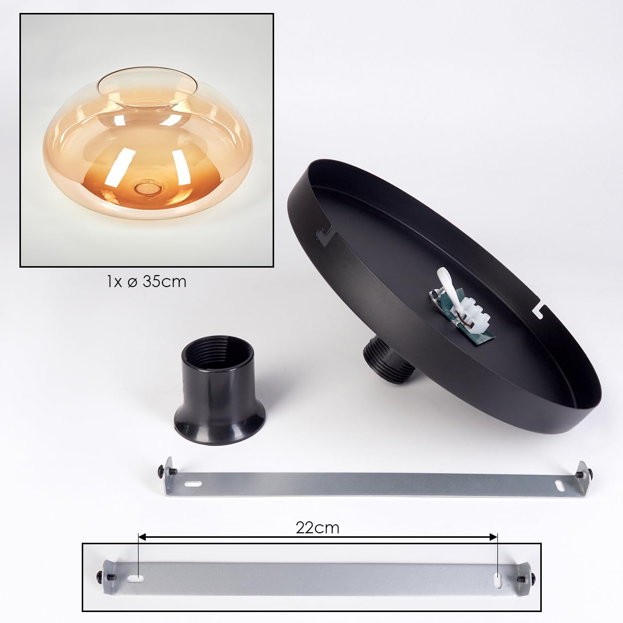 Plafonnier HOFSTEIN Mertola, plafonnier à 1 ampoule en métal/verre noir/ambre/clair, luminaire au design rétro/vintage (abat-jour Ø 35 cm), E27, salle à manger, salon, cuisine, couloir, bureau