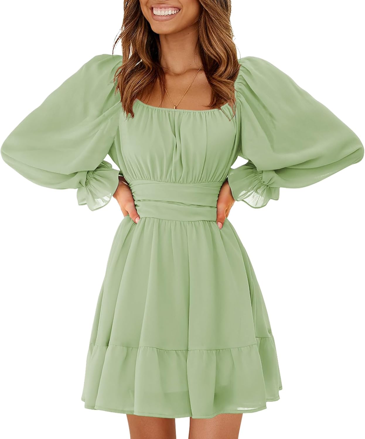 EXLURA Women's 2026 Casual Long Lantern Sleeve Dresses Square Neck Ruffle Tie Back Elastic Waist Aline Short Mini Dress