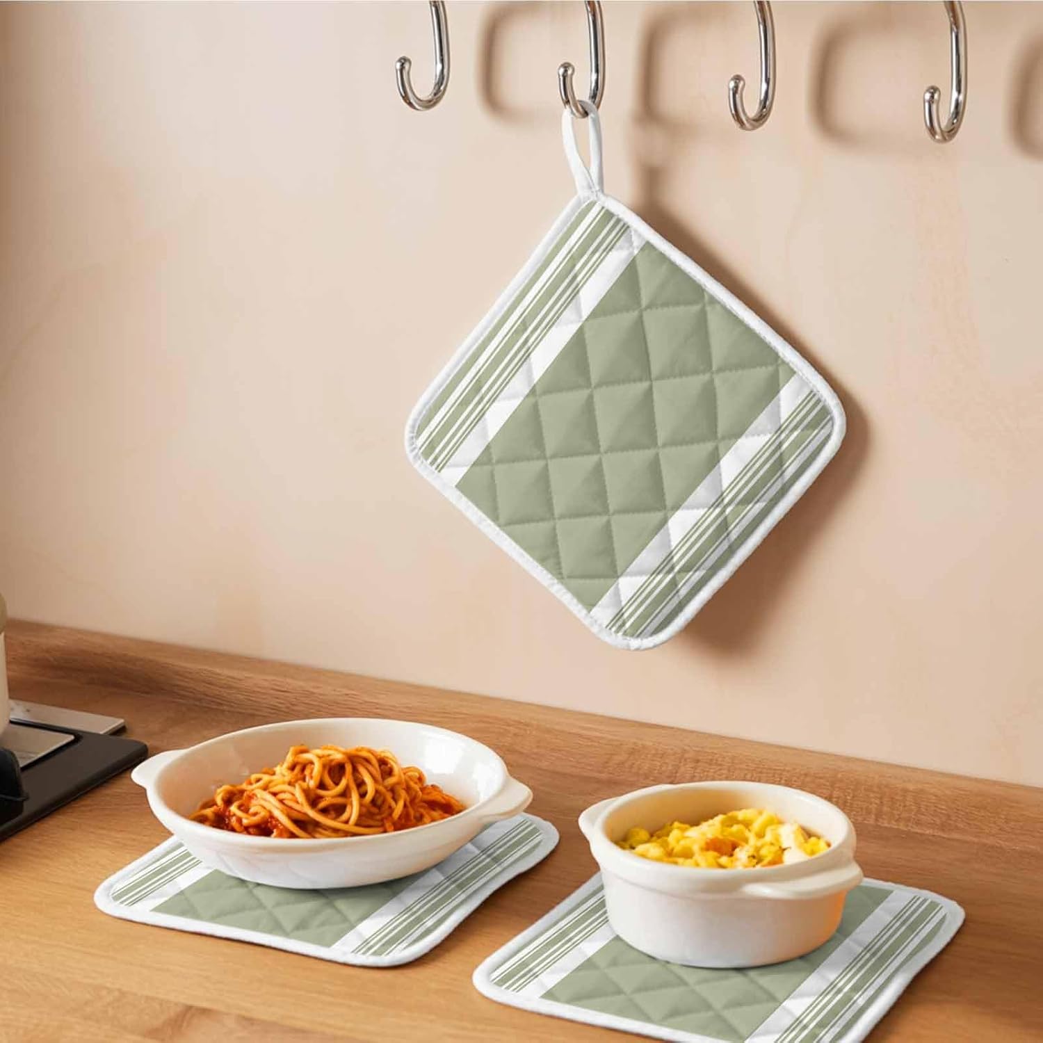 Sage Green Pot Holders for Kitchen Heat Insulation, Farmhouse Striped Vertical Art Modern Potholders Hot Pads with Hanging Loop, Washable Oven Mitts Pot Holder Trivet for Cooking Baking 5 Pack