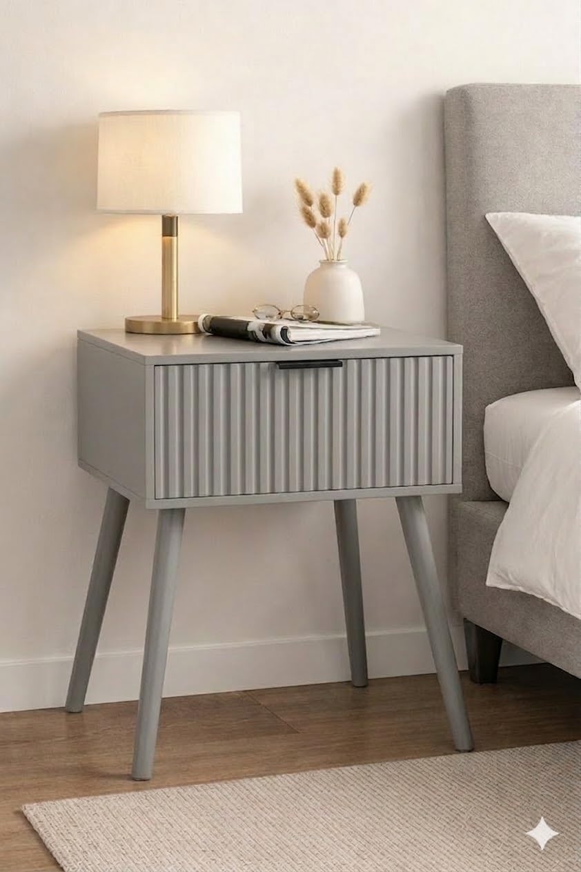 nightstands end side table solid wood legs,for bedrooms,bedside table, storage box,1 drawer designs,large lattice, more storage space (grey)