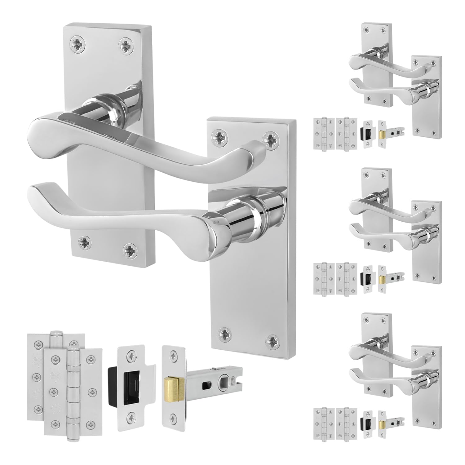 Eai Chrome Victorian Scroll Latch Handle Set, 4 Pairs Polished Internal Lever Latch Handles On Backplate, Latch 64Mm, Hinges