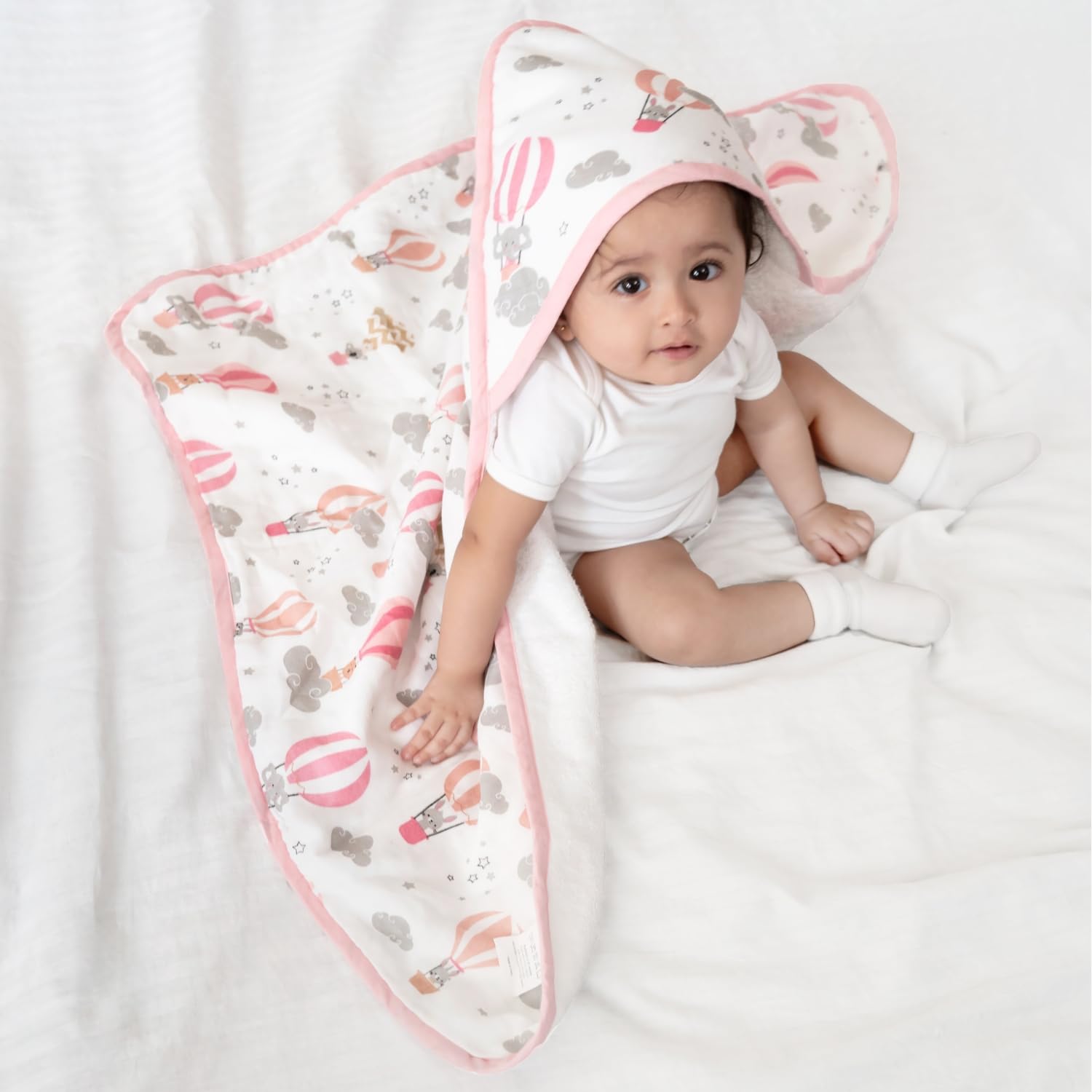 haus & kinder Terry Muslin Hooded Towel for Newborns (0–12 Months) – 80x80 cm, Pink, Serene Dreamscape Design 1 Piece-image-0