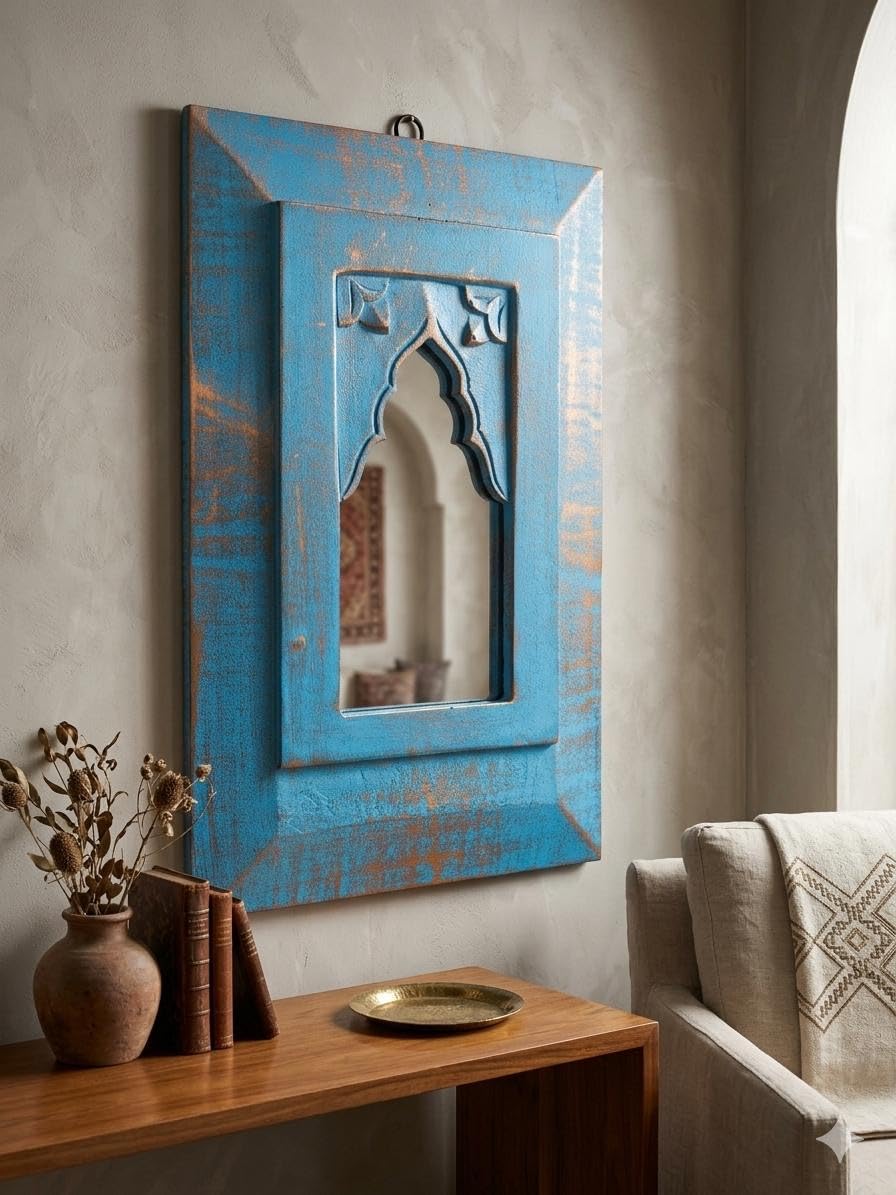 Wooden Jharokha Wall Mirror, Blue Distressed Finish, Carved Arch Design, Rustic Bohemian Style-image-31