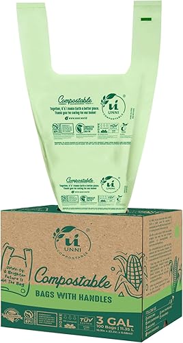 UNNI Bolsas compostables para camisetas con asa de corbata, 3 galones, 11.35 litros, 100 unidades, 0.68 mil, pequeñas bolsas de basura de desechos