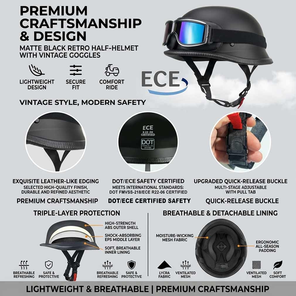Retro Deutsche Halbhelm Öffnen Motorradhelm Halboffenen Halbschalenhelm ECE Genehmigt Jethelm Offenem Helm Mit Brille Cruiser Chopper Helm Mopedhelme Geeignet Erwachsene MäNner Frauen