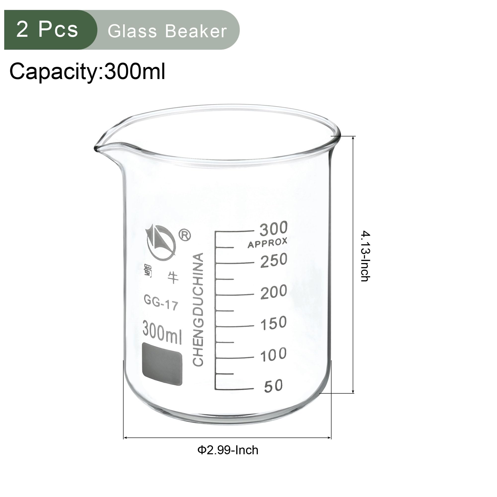 YOKIVE 2 Pcs Low Form Glass Beaker, Laboratory Use Liquid Measuring Cup, Great for Lab, Kitchen, Daily Use (Clear, 300ML)