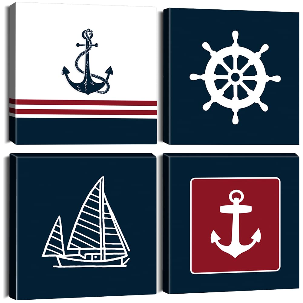 Ohok 4 Panels Modern Prints Artwork Pictures Photo Paintings Print on Canvas Wall Art for Home Walls Decor Stretched and Framed Ready to Hang 12x12 inches (Anchor/Rudder)