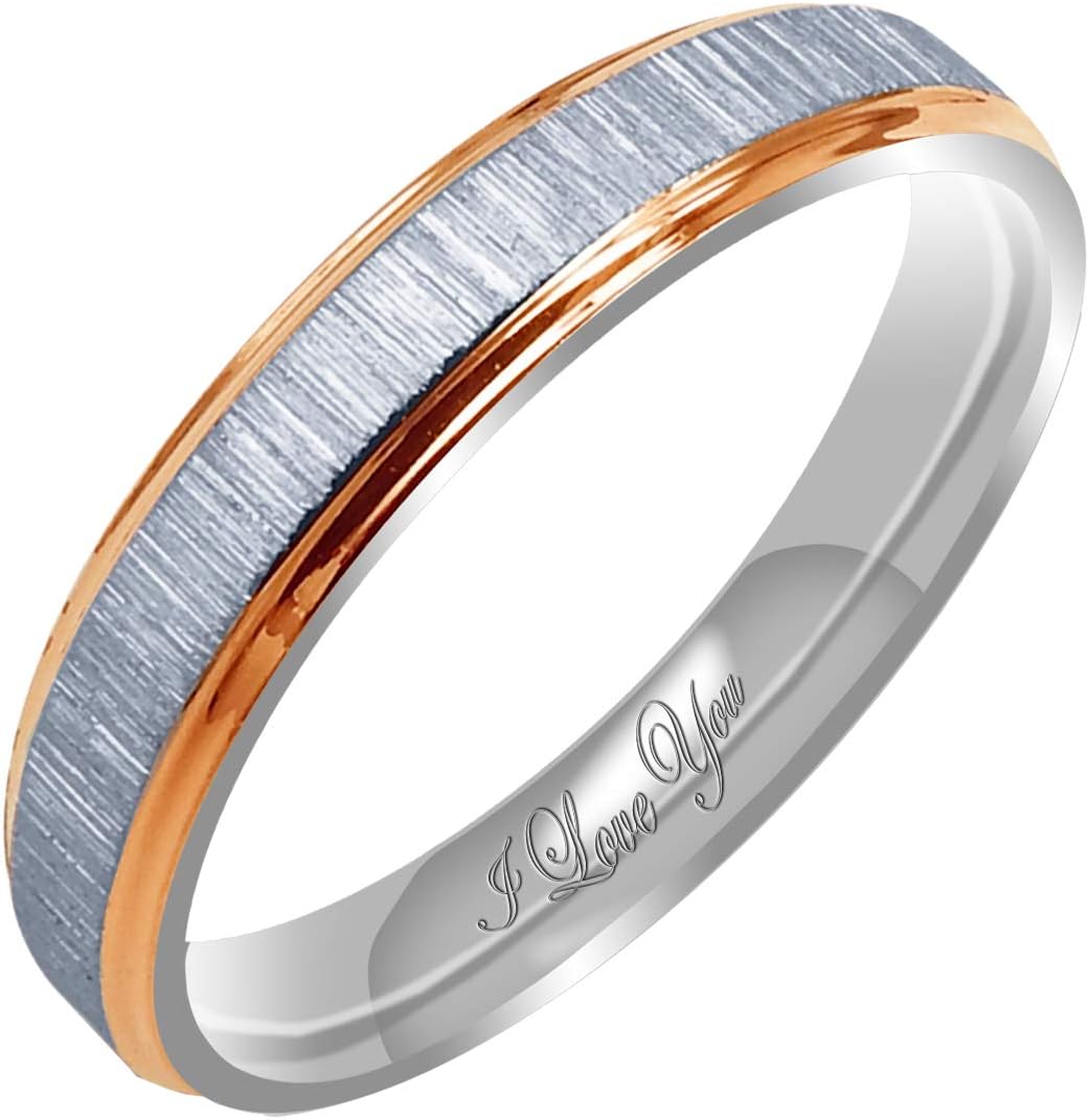 Everstone Women's Matte & Brushed 4MM & 6MM Flat Promise Ring Wedding Bands Titanium Ring Two Tone Color: Rose Gold & Platinum Engraved I Love You