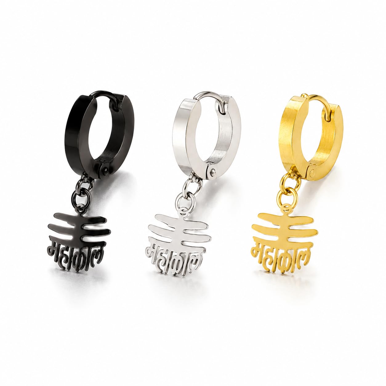 Mahakal Hoop Earrings for Men, Pack of 3 (Black, Silver, Gold), Mahadev Stainless Steel Huggie Hoops with Charm, Religious Jewellery for Boys & Men-picture-51