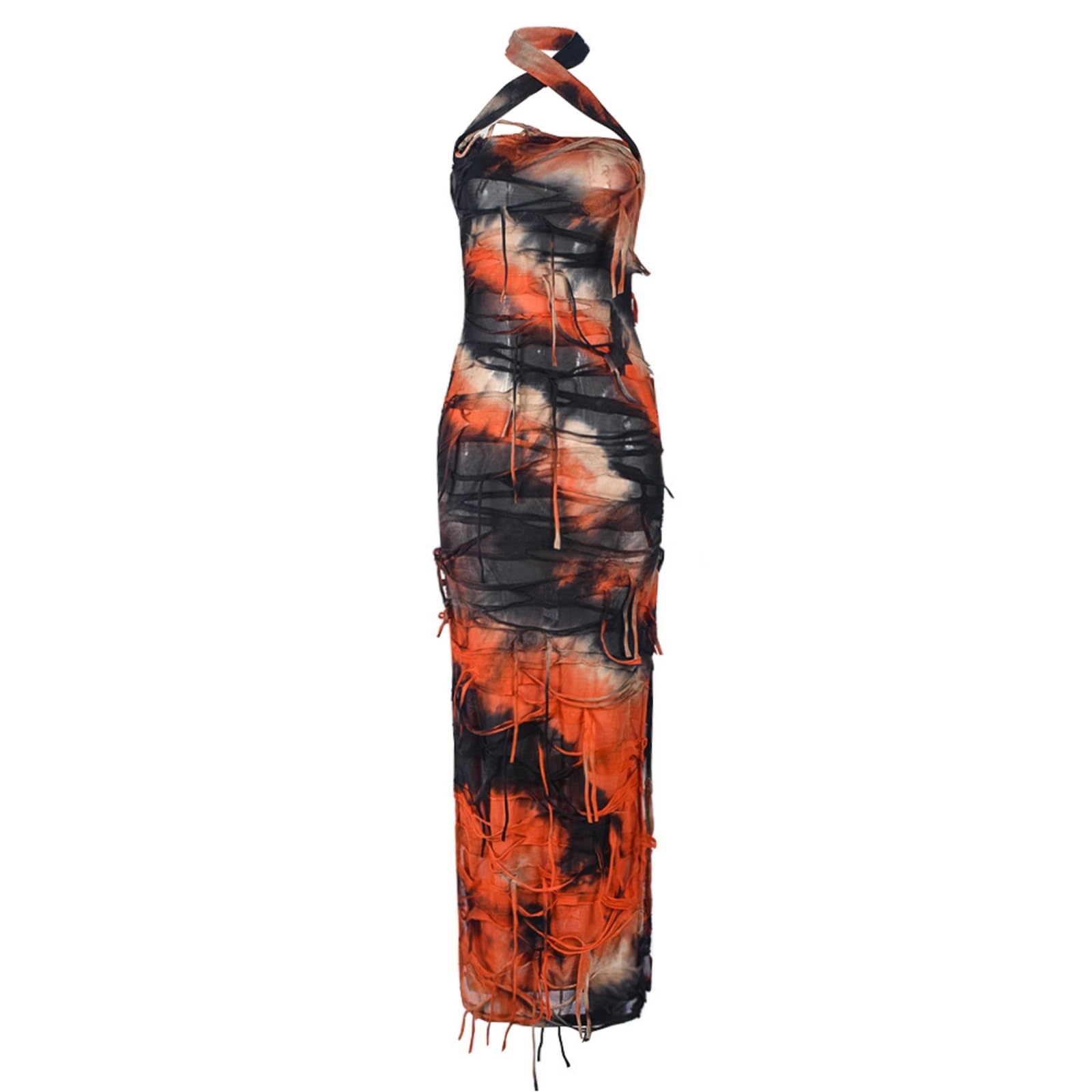 Novaorily Women Sexy Tie Dye Fringe Bodycon Dress Y2K Sleeveless Split Evening Cocktail Formal Gowns for Party Club Night