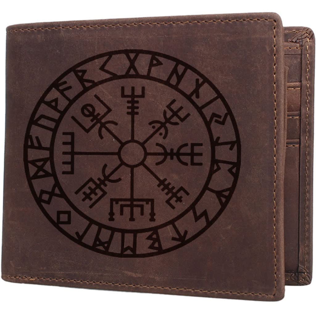 NOKTAI Viking Vegvisir Ledergeldbörse für Herren, Gravierte Kompass-Runen-Amulett-Geldbörse, Schlanke Bifold-Brieftaschen mit Großer Kapazität Geschenke für Ehemann, Vater