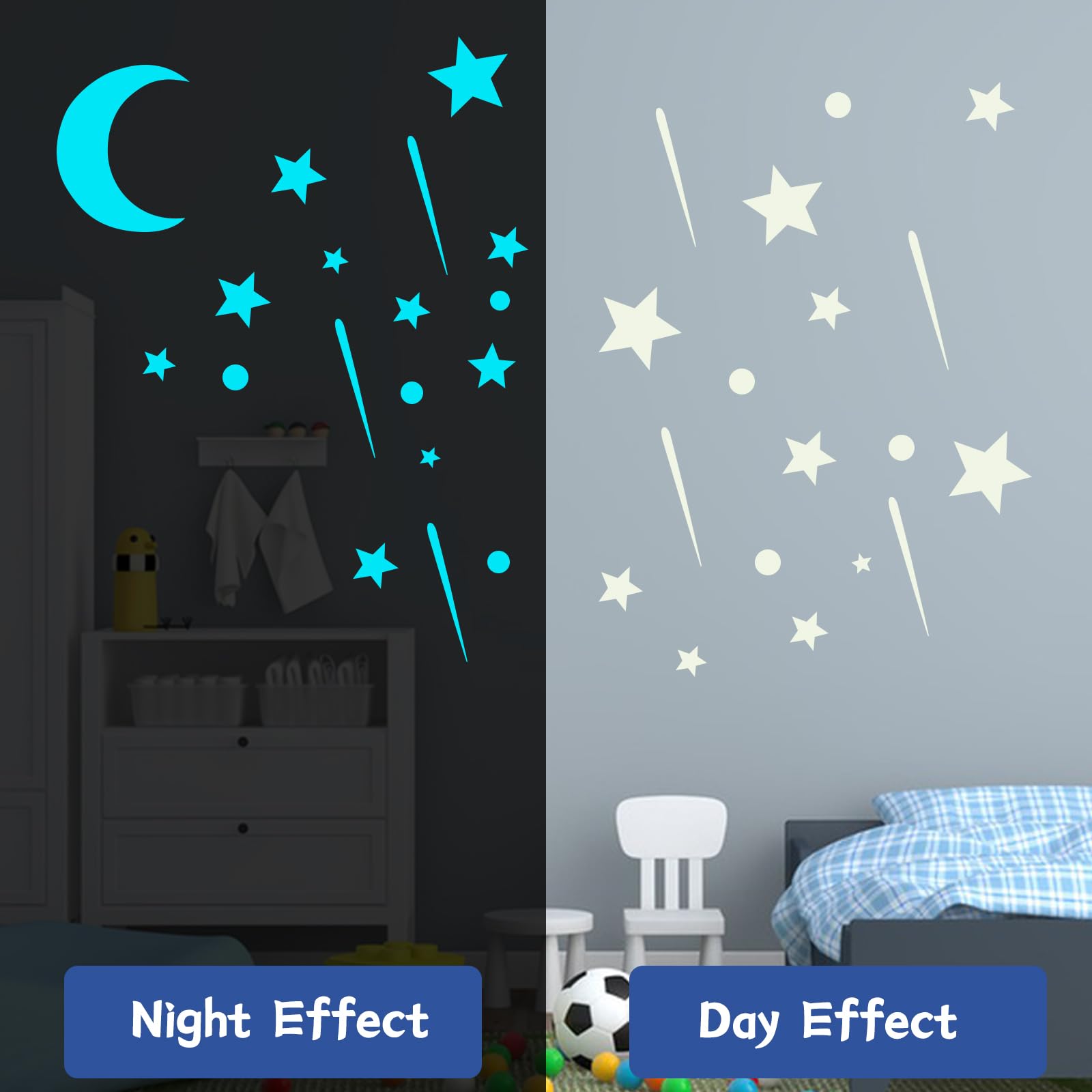 Lot de 858 étoiles phosphorescentes pour plafond, grande lune, étoiles filantes, autocollants ronds pour chambre à coucher, décoration de plafond de chambre, bleu