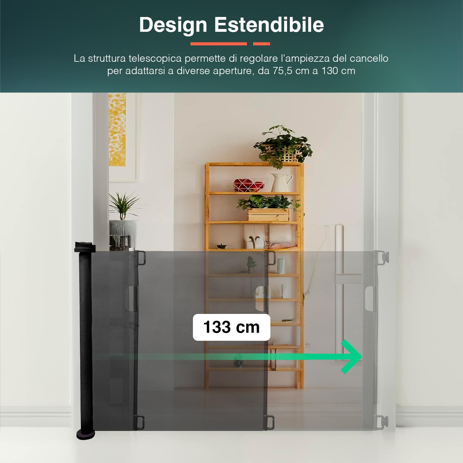 Cancello di Sicurezza per Bambini e Animali Estendibile - Cancelletto Ideale per Scale e Porte, Meccanismo di Blocco Facile, Montaggio a Vite, in ABS e PVC, 130x88 cm, Nero