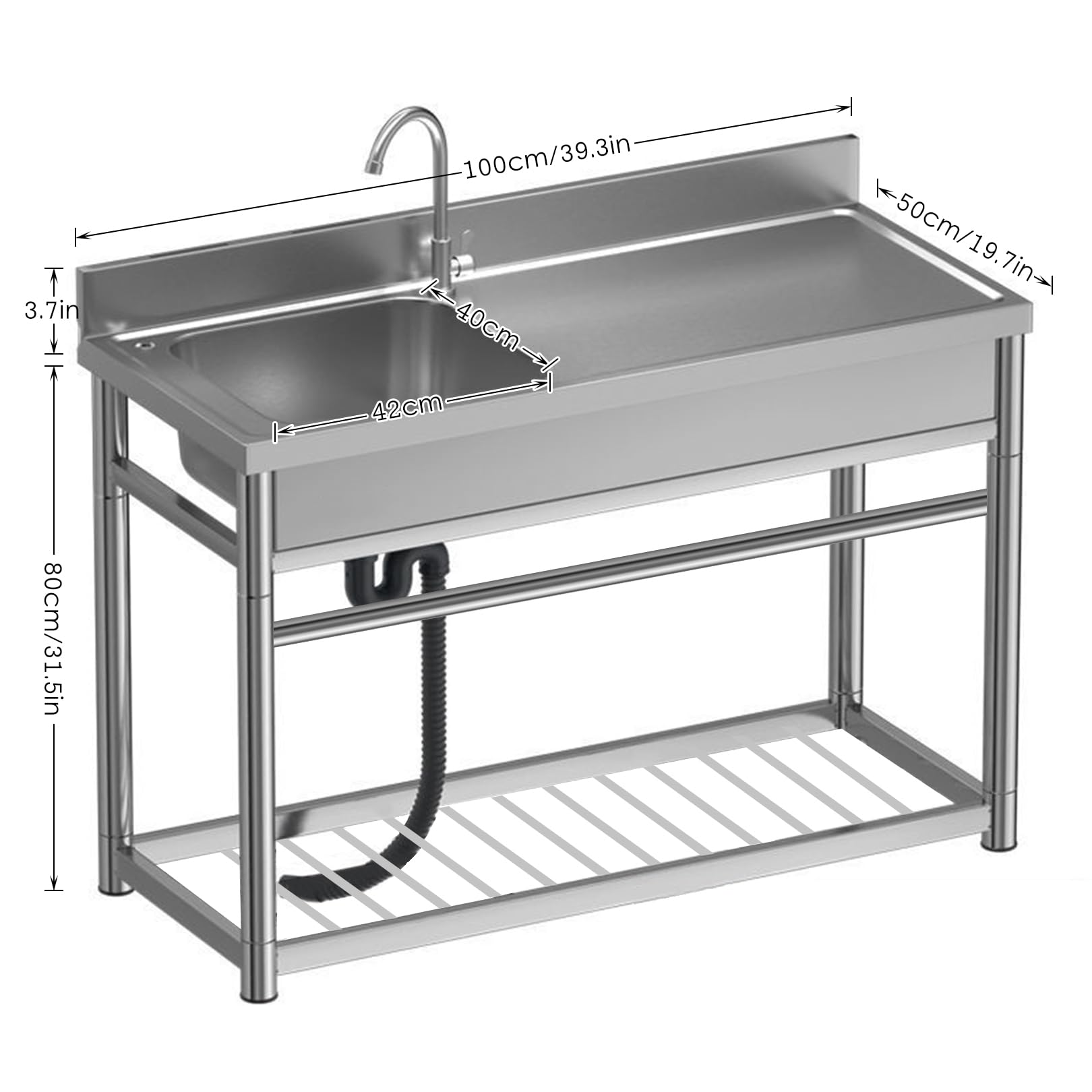 Lavabo de acero inoxidable con mesa de trabajo, estación de preparación de cocina, fregadero comercial para restaurante, independiente con soporte para lavarropas, para patio trasero, lavandería
