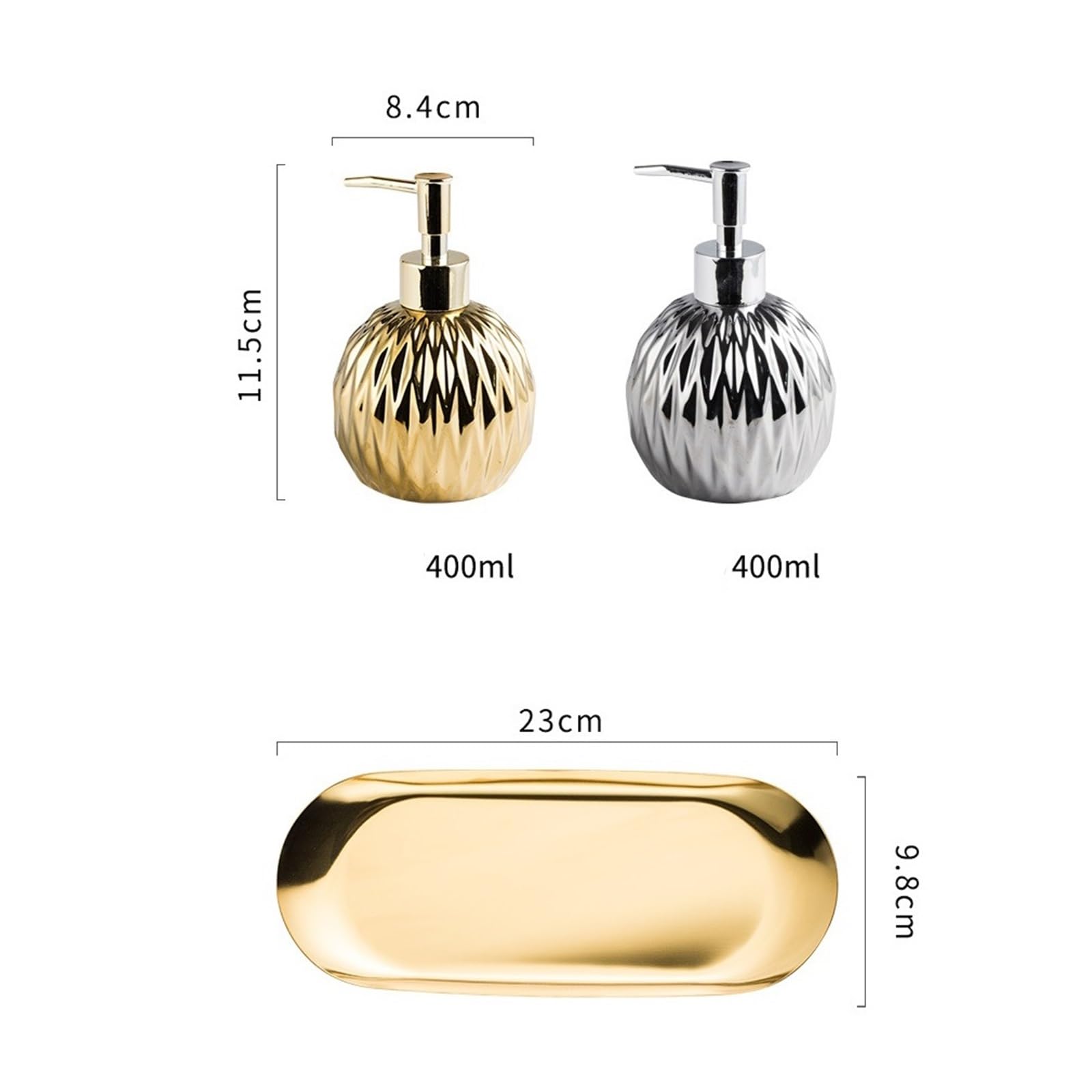 dispensador de jabón Juego de 3 dispensadores jabón cerámica for encimera con Bandeja for Cocina, baño y Botella Bomba loción(Silver)