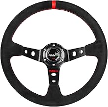 RASTP Universal Racing Steering Wheel Suede Deep Dish 13.58”/345mm 6 Bolts with Horn Button Include Cable, Wrench,Red