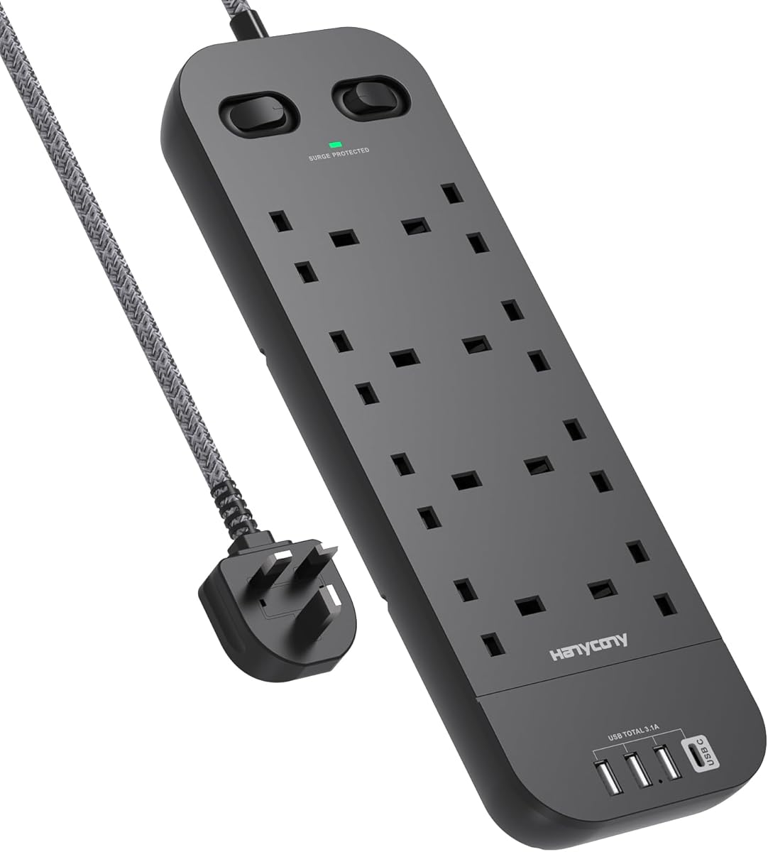 Black Extension Lead, 8 Way Outlets Power Strip with 4 USB Ports, 1800J Surge Protection Double Switch Plug Extension with 1.8M Braided Extension Cord for Home, Office