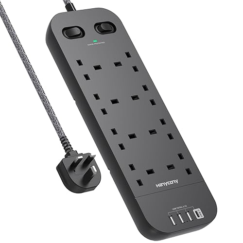 Black Extension Lead, 8 Way Outlets Power Strip with 4 USB Ports, 1800J Surge Protection Double Switch Plug Extension with 1.8M Braided Extension Cord for Home, Office - Black - 1.8M