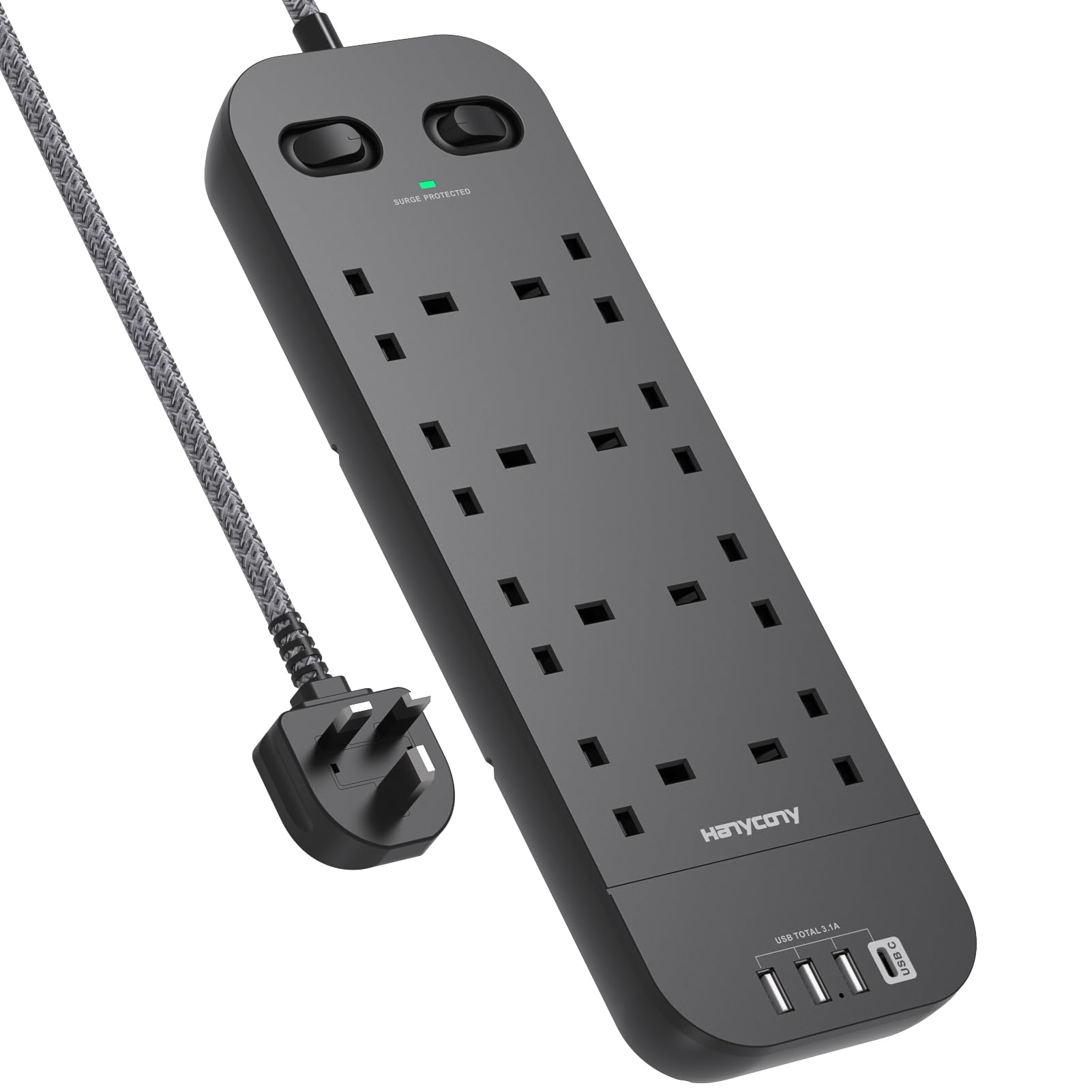 Black Extension Lead, 8 Way Outlets Power Strip with 4 USB Ports, 1800J Surge Protection Double Switch Plug Extension with 1.8M Braided Extension Cord for Home, Office