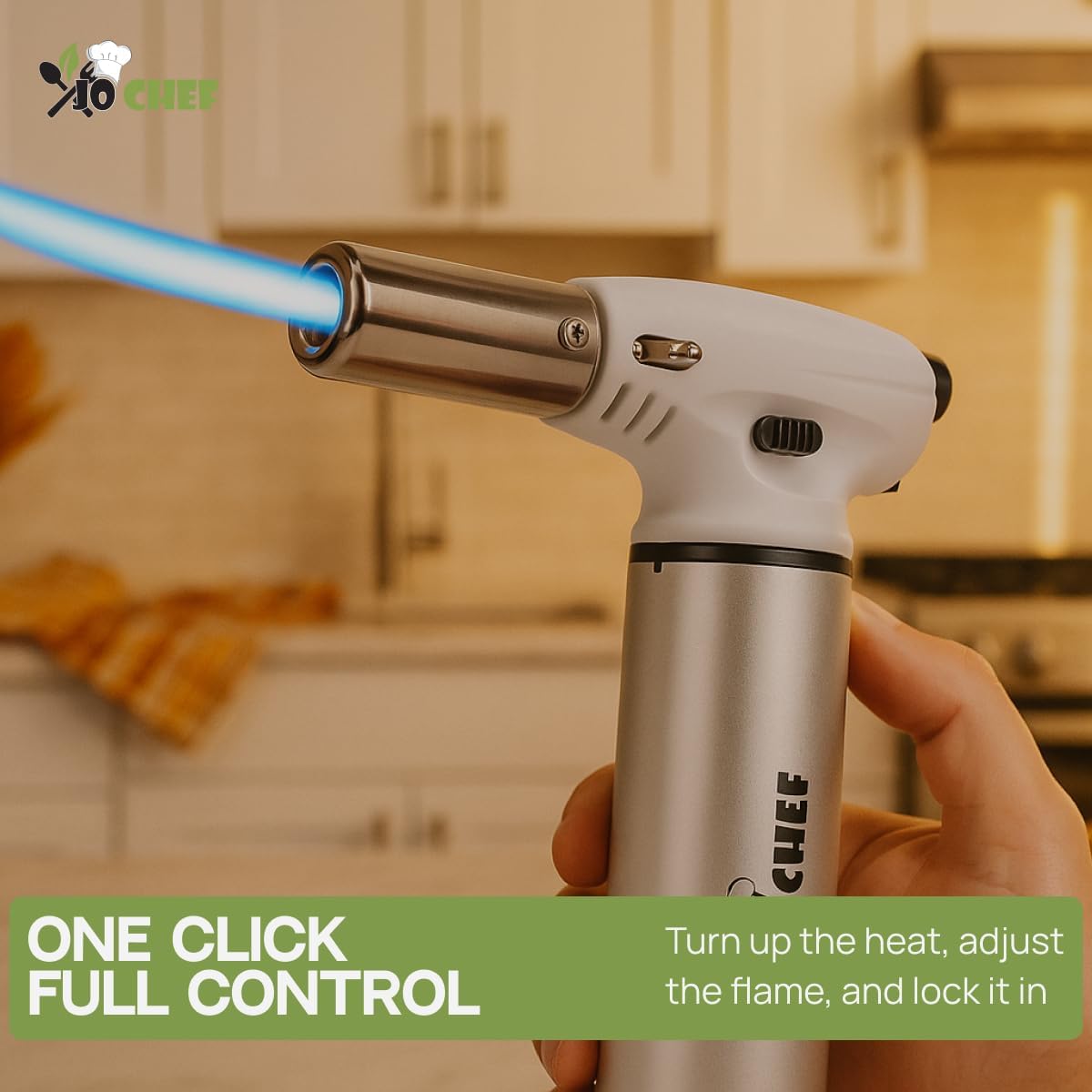 Jo Chef FireClick Creme Brulee Torch – 2,370°F Food Torch with Safety Switch, One-Hand Use, Refillable Adjustable Flame Lighter with Safety Lock for BBQ, Baking, Brulee Creme – 5 Butane Cans Included