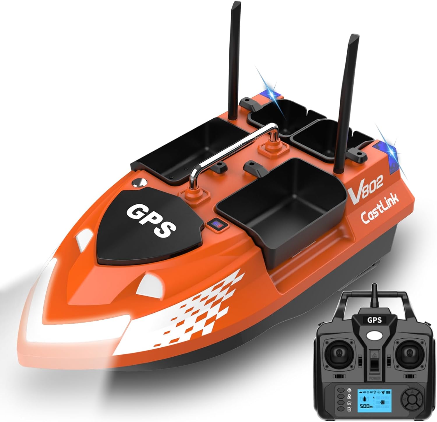 4 Boxes GPS RC Bait Boat for Fishing with 6.6lbs Load Capacity, 18000mAh Battery & Dual Motor&Antena for 500M Long-Range Bait Deployment, Fish Bait Boats with Stern Hook System for Fishing